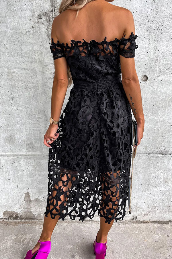 storexq Solid Color Off Shoulder Glamorous Hollow-Out Midi Dress
