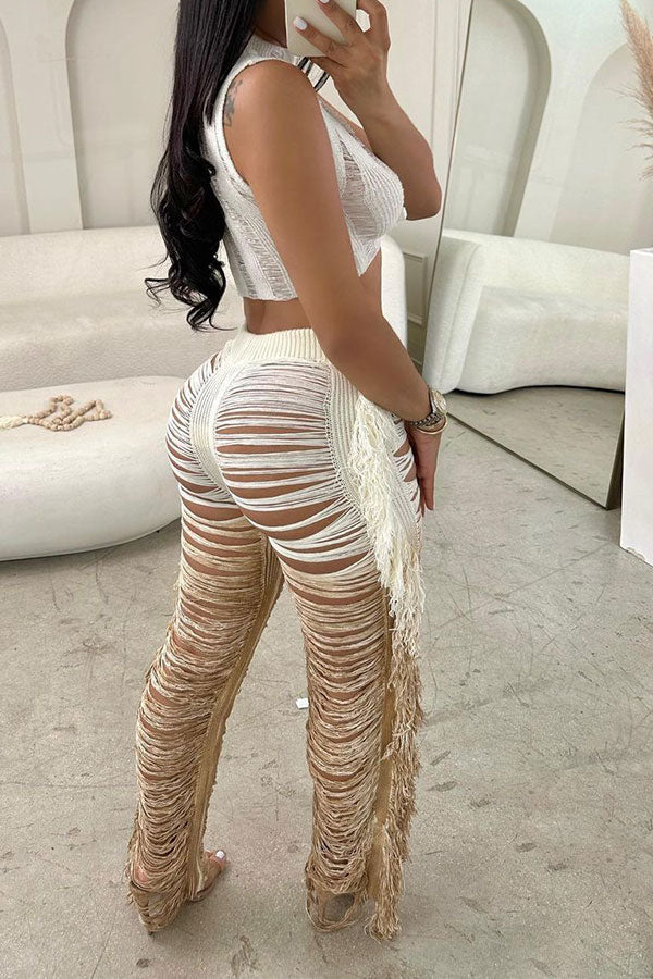 storexq Gradient Ripped Cool Side Tassel Knitted Pant Suit