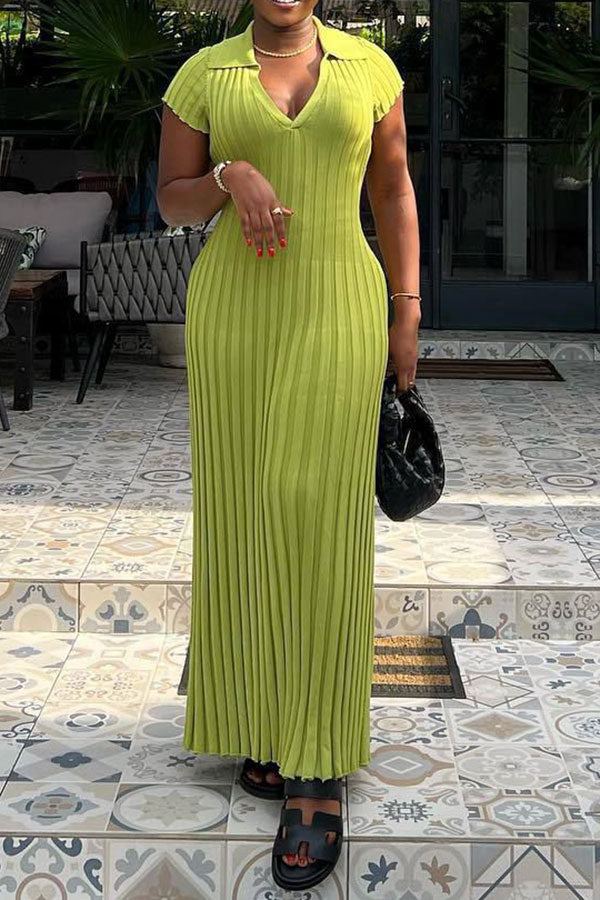 storexq Solid Color Ribbed Casual Maxi Dress