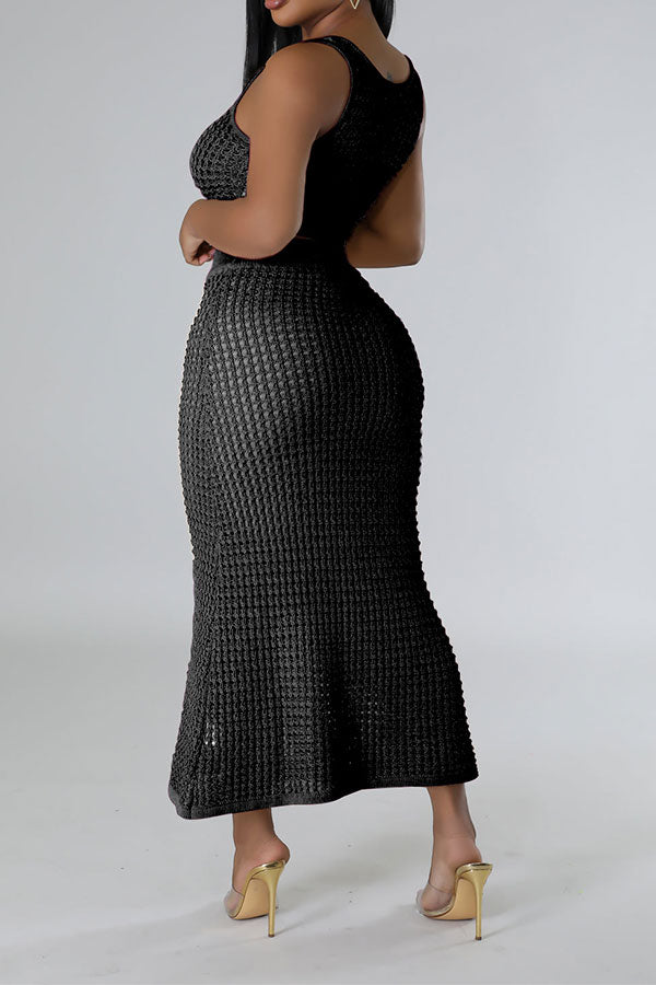 storexq Solid Color Crochet Cutout Beachy Fishtail Skirt Suit