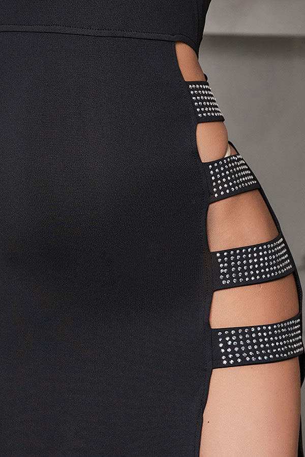 storexq Rhinestone Trim Flirty Cutout Side Split Midi Dress