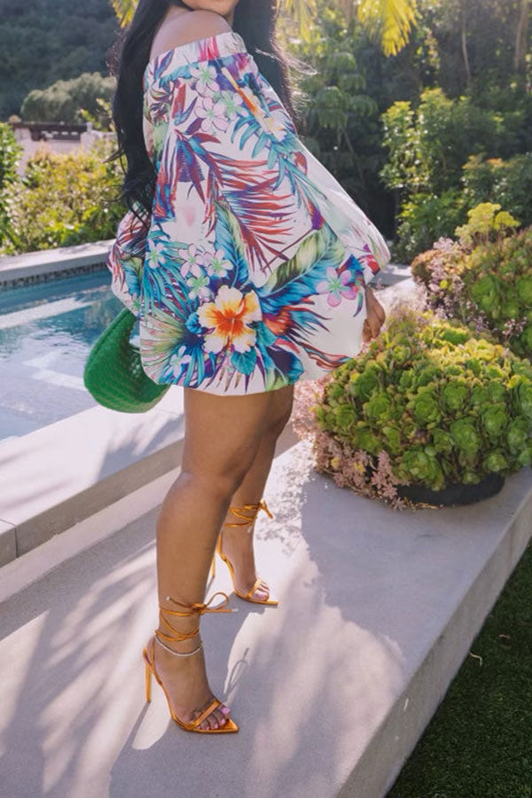 storexq Floral Print On-trend Off Shoulder Bubble Mini Dress