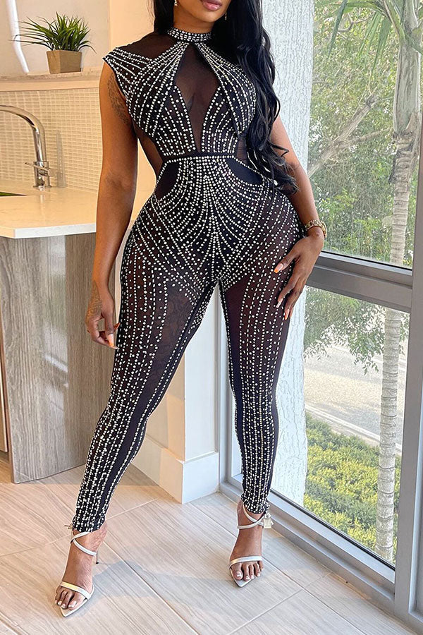 storexq Rhinestone Classic See-Through Bodycon Jumpsuit