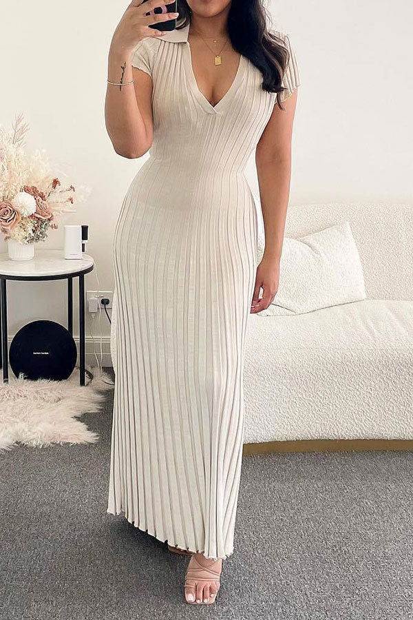 storexq Solid Color Ribbed Casual Maxi Dress