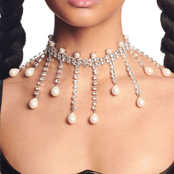 storexq Rhinestone Luxe Faux Pearl Decor Necklace
