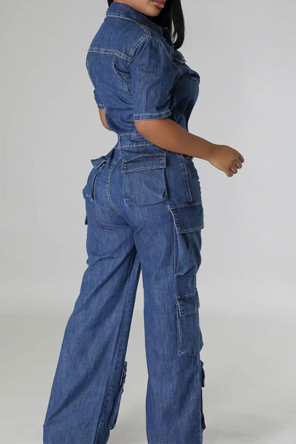 storexq Solid Color Denim Classic Multi Pocket Jumpsuit