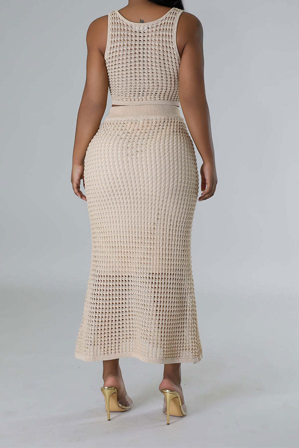 storexq Solid Color Crochet Cutout Beachy Fishtail Skirt Suit