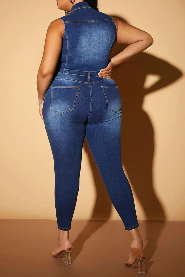 storexq Ripped Classic Button Down Denim Jumpsuit