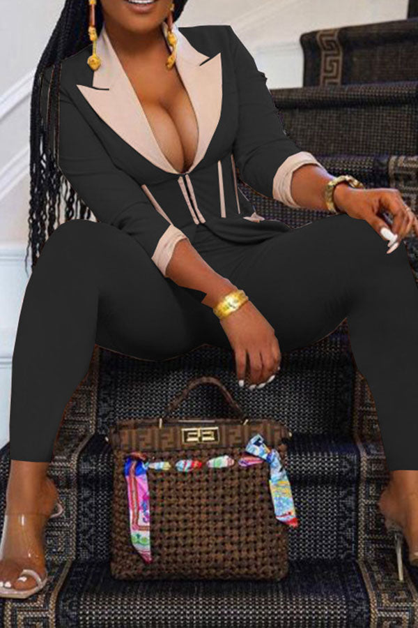 storexq Color Block Patchwork Elegant Zipper Pant Suit