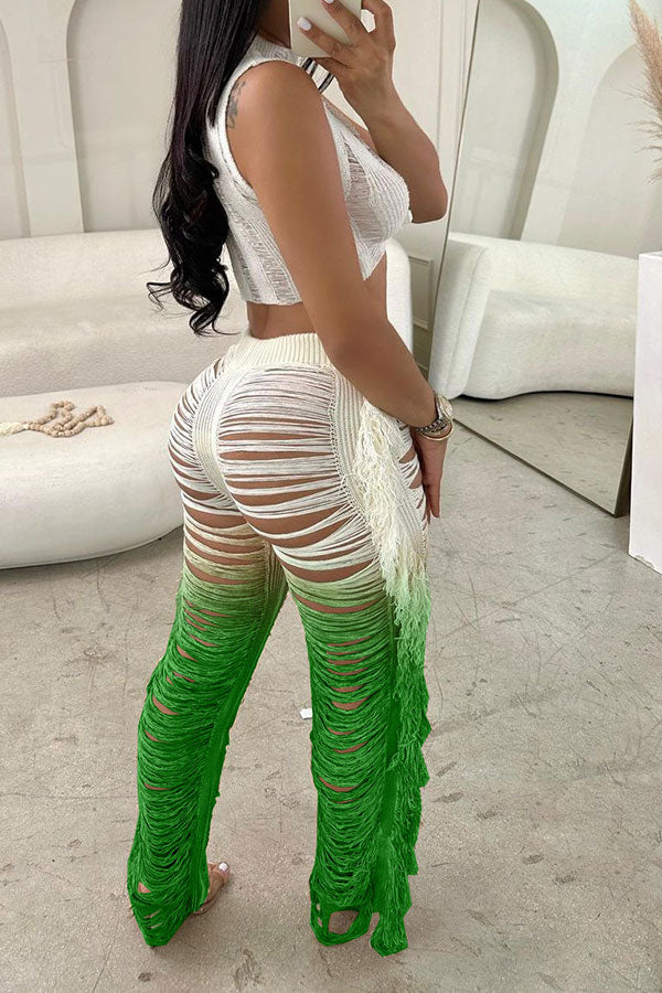 storexq Gradient Ripped Cool Side Tassel Knitted Pant Suit
