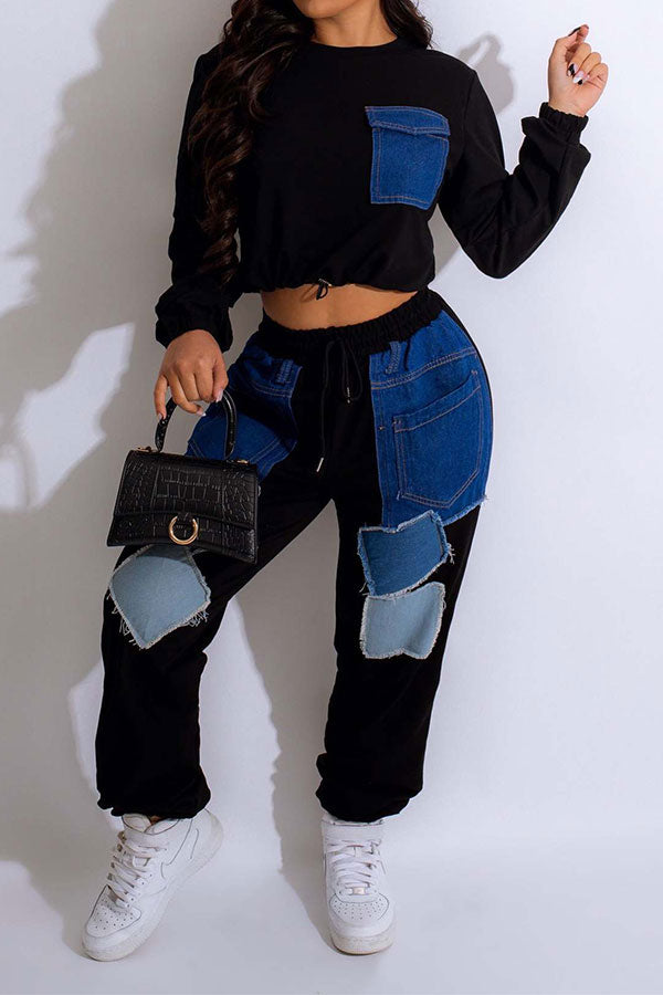 storexq Applique Patchwork Sporty Drawstring Pant Suit