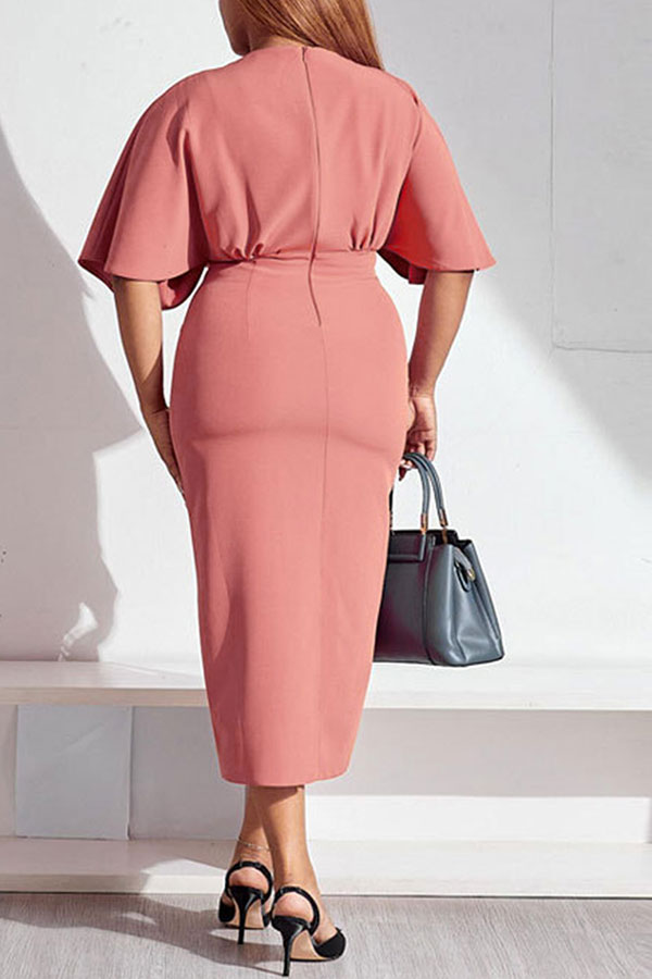 storexq Solid Color Feminine V Neck Midi Dress