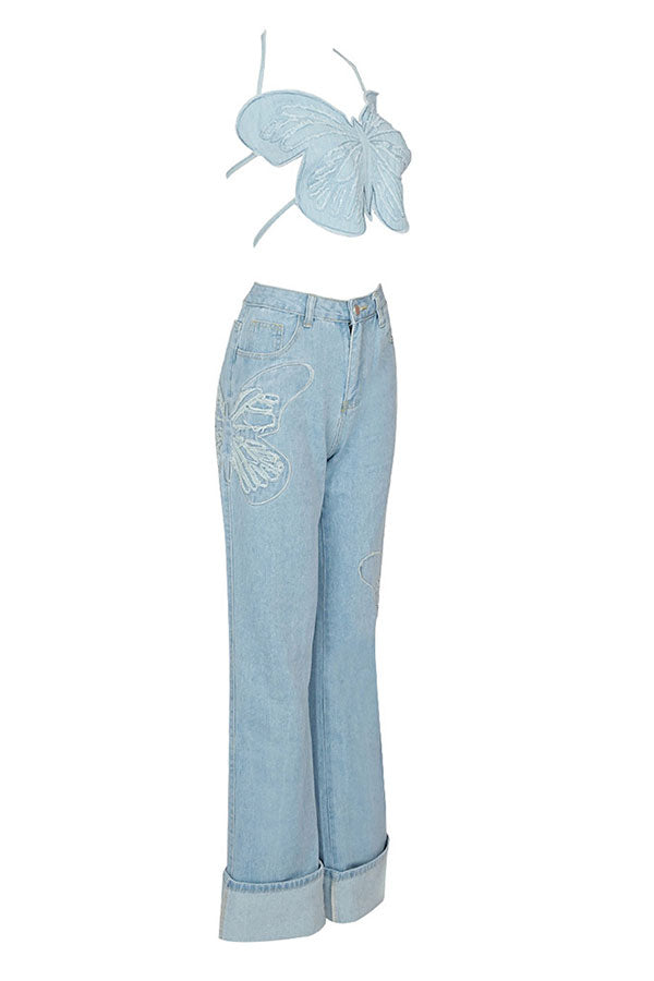 storexq Butterfly Denim Rocking Backless Pant Suit