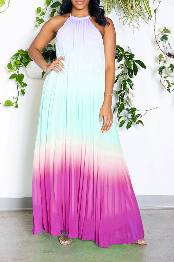 storexq Gradient Simple Backless Flowy Pleated Maxi Dress