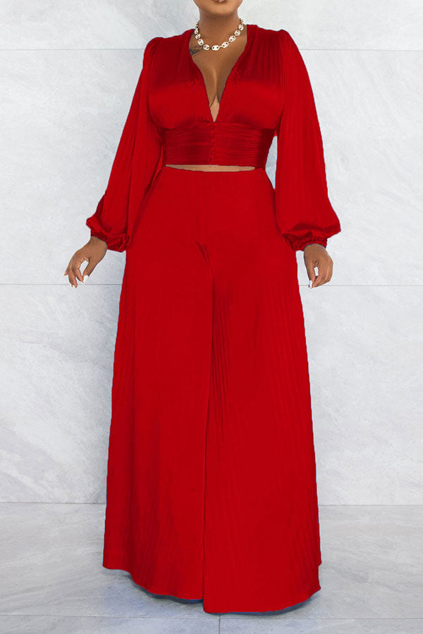 storexq Solid Color Casual Puff Sleeve Pant Suit