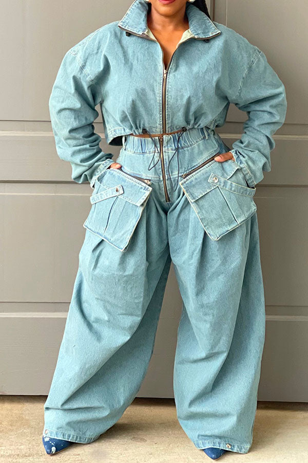 storexq Solid Color Denim Cool Drawstring Patch Pocket Pant Suit