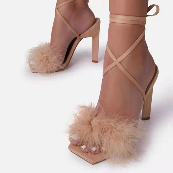 storexq Feather Decor Solid Color Party Strappy Sandals