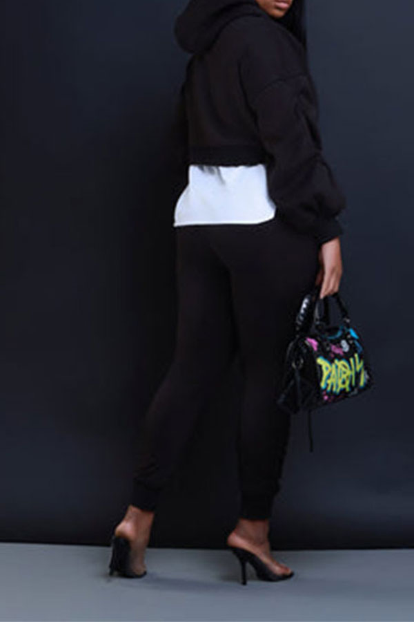 storexq Hit Color Patchwork Casual Hooded Pant Suit