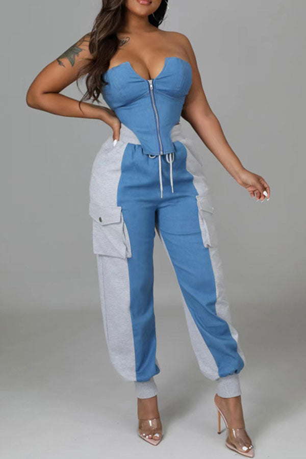 storexq Denim Patchwork Sporty Pocket Design Pant Suit