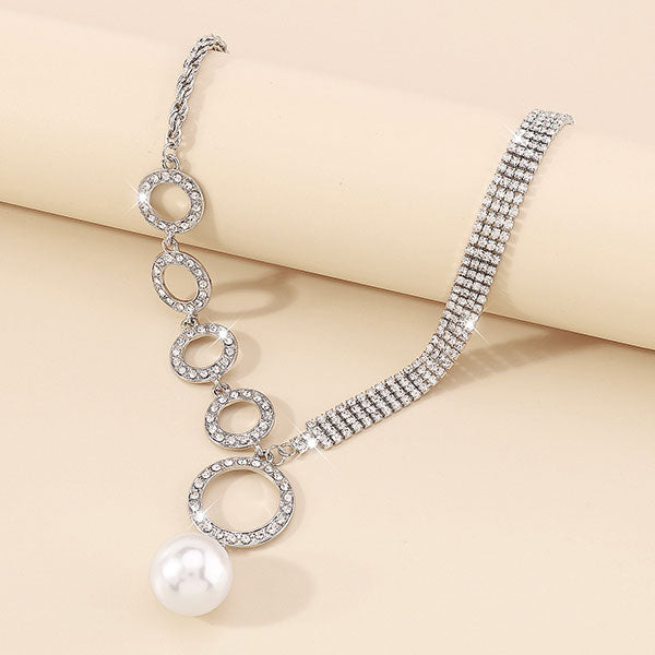 storexq Rhinestone O-ring Design Stunning Faux Pearl Pendant Necklace