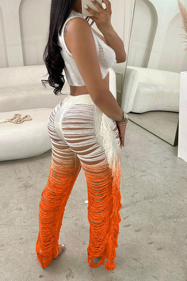 storexq Gradient Ripped Cool Side Tassel Knitted Pant Suit