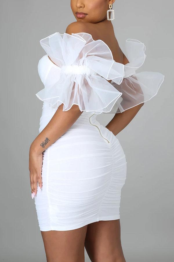 storexq Solid Color Ruffle Mesh Sleeve Pretty Bandeau Mini Dress