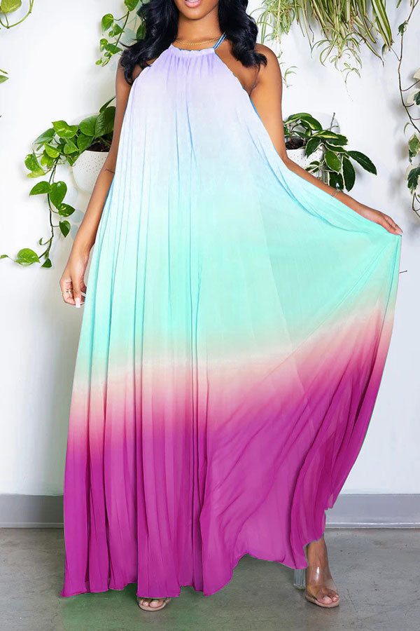 storexq Gradient Simple Backless Flowy Pleated Maxi Dress