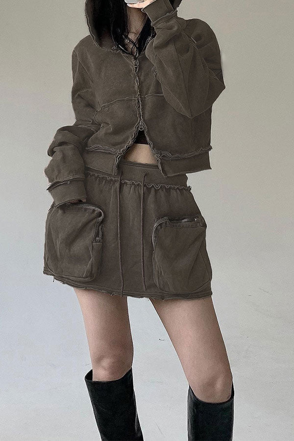 storexq Solid Color Hooded Cool Patch Pocket Dress Suit