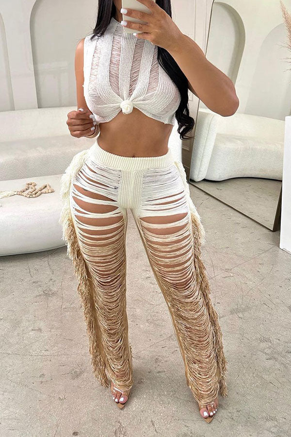 storexq Gradient Ripped Cool Side Tassel Knitted Pant Suit