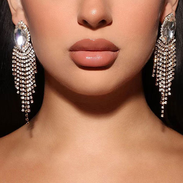 storexq Rhinestone Shimmery Tassel Willow-Leaf Shaped Earrings
