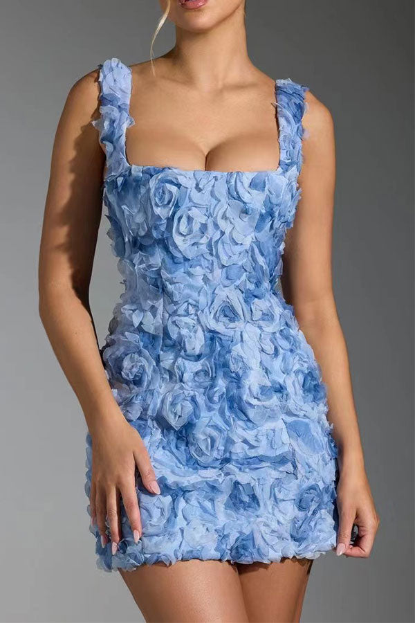 namcoverse Solid Color 3D Flower Decor Glamorous Mini Dress