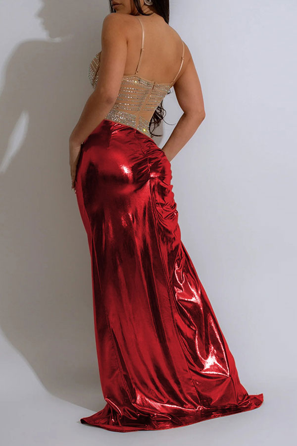 storexq Patchwork Rhinestone Bright Metallic Twisted High Split Maxi Dress