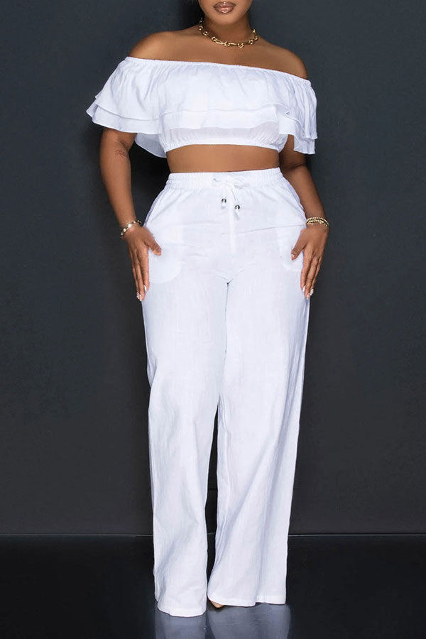 storexq Solid Color Ruffles Off Shoulder Feminine Wide Leg Pant Suit
