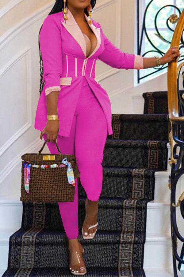 storexq Color Block Patchwork Elegant Zipper Pant Suit