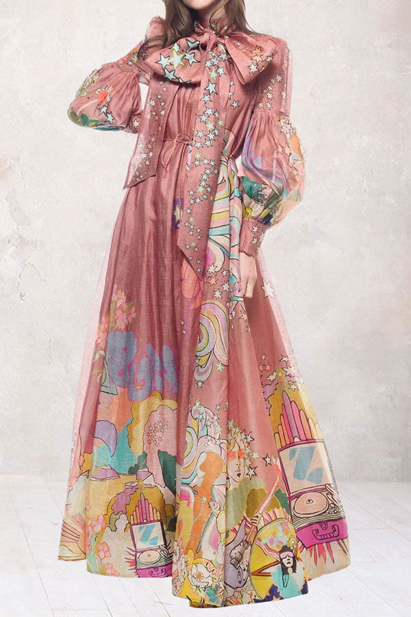 storexq Cartoon Print Dramatic Puff Sleeve Maxi Dress