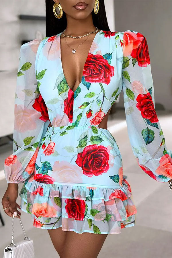 storexq Floral Print Side Cutout Elegant Ruffles Mini Dress