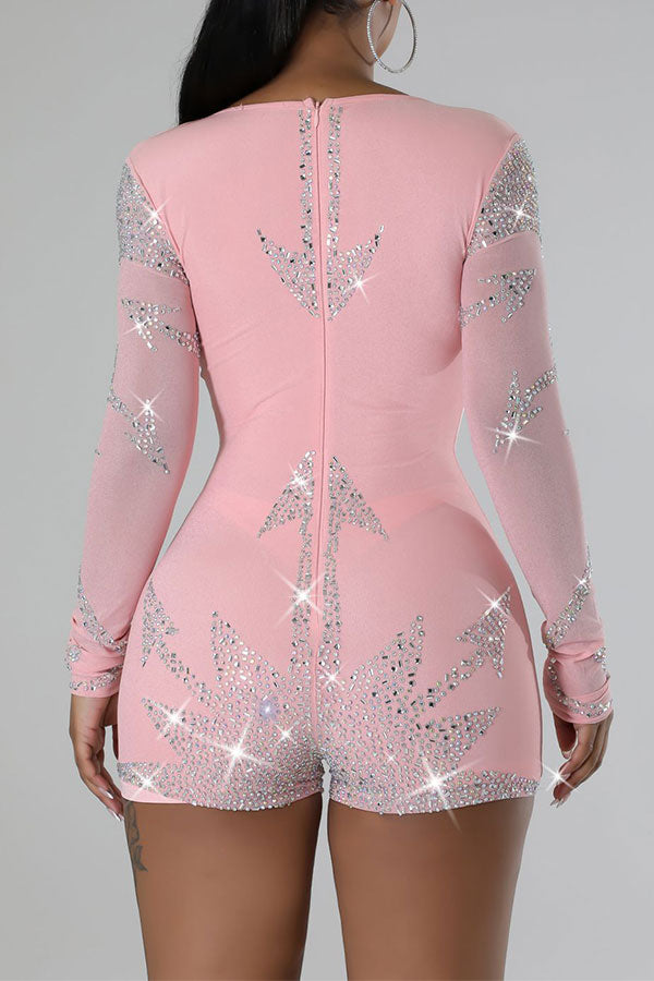 storexq Rhinestone Romantic Square Collar Bodycon Romper