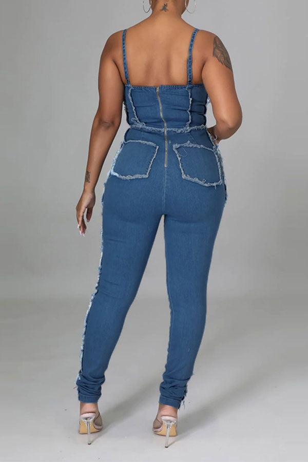 storexq Patchwork Smart Spaghetti Strap Denim Jumpsuit
