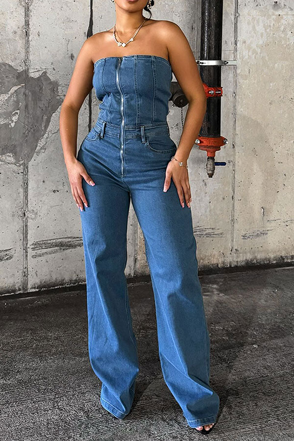 storexq Solid Color Denim Urban Strapless Zipper Jumpsuit