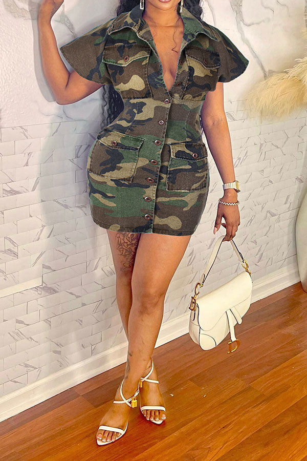 storexq Camouflage Feminine Multi Pocket Button Thru Mini Dress