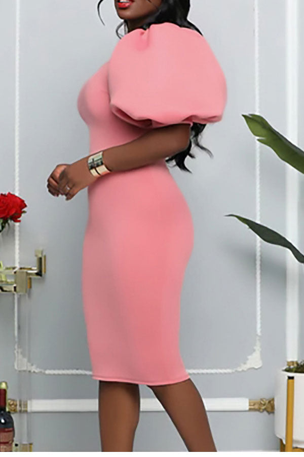 storexq Solid Color Simple Puff Sleeve Midi Dress