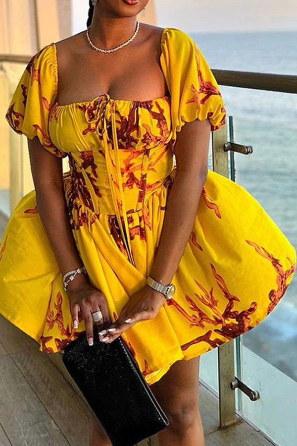 storexq Floral Print Girly Square Collar Puff Sleeve Mini Dress