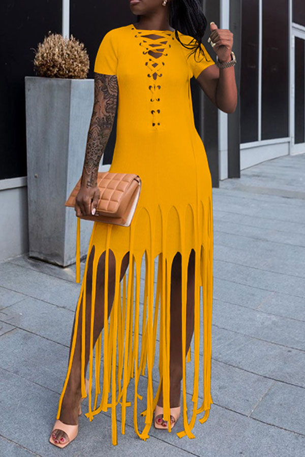 storexq Color Block Tassels Stylish Lace-Up Maxi Dress