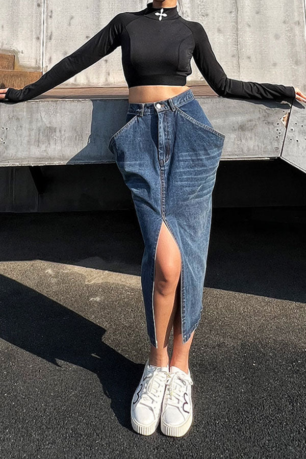 storexq Solid Color Dramatic Pocket Design High Split Denim Skirt