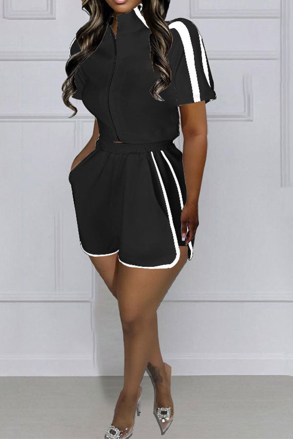 storexq Hit Color Patchwork Sporty Zipper Pocket Pant Suit