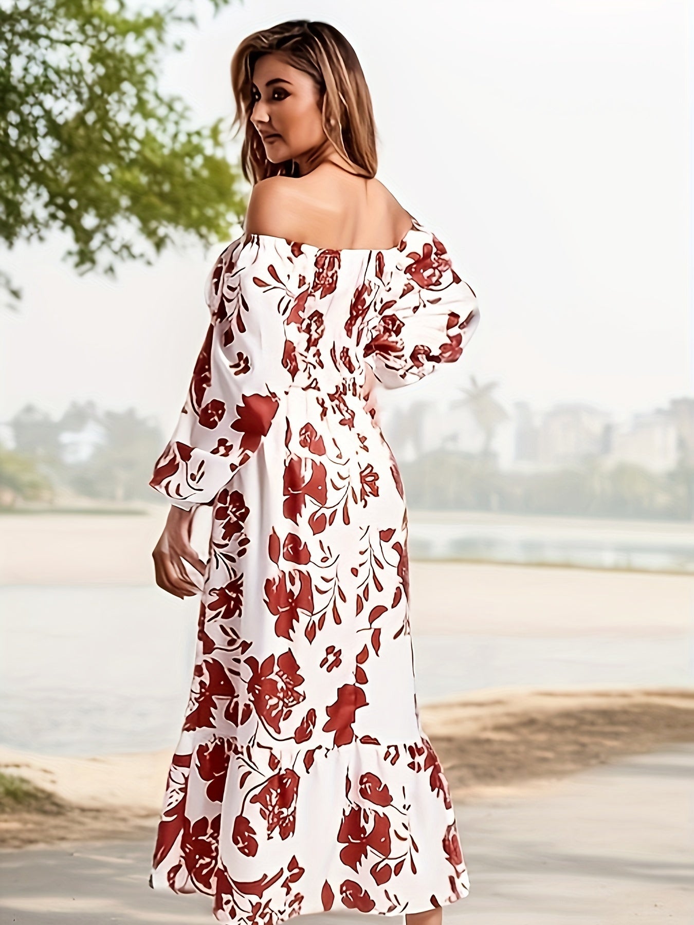 Floral Print High Waist Dress, Casual Lantern Sleeve Maxi Dress, Women's Clothing