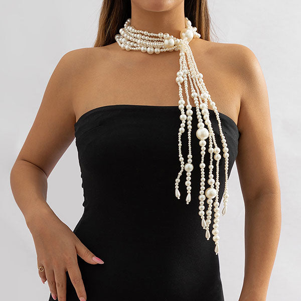 storexq Multi-layer Faux Pearl Glamorous Tassel Necklace