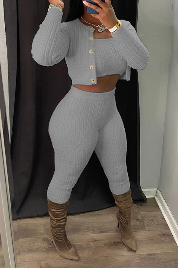 storexq Solid Color Simple Bodycon Knitted Pant Suit (Three Pieces)