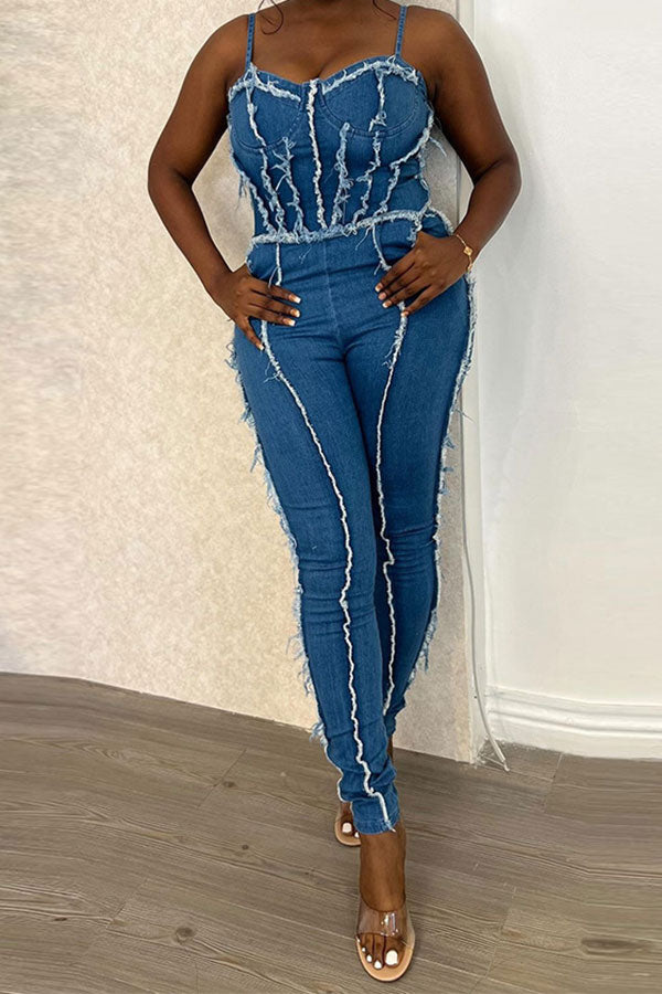 storexq Patchwork Smart Spaghetti Strap Denim Jumpsuit