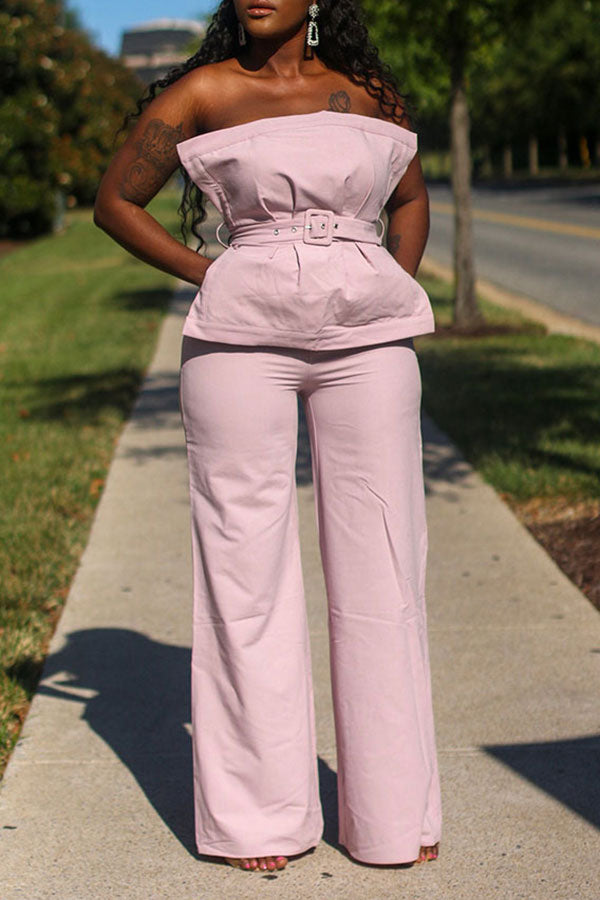 storexq Solid Color Strapless Pretty Belted Wide Leg Jumpsuit